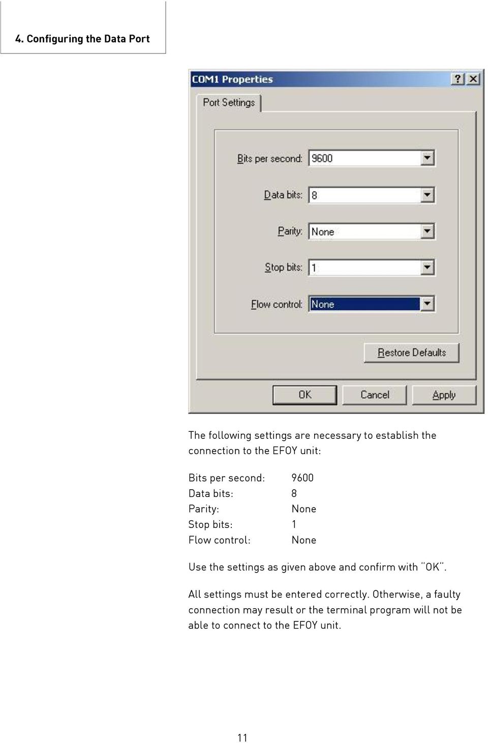 the settings as given above and confirm with OK. All settings must be entered correctly.