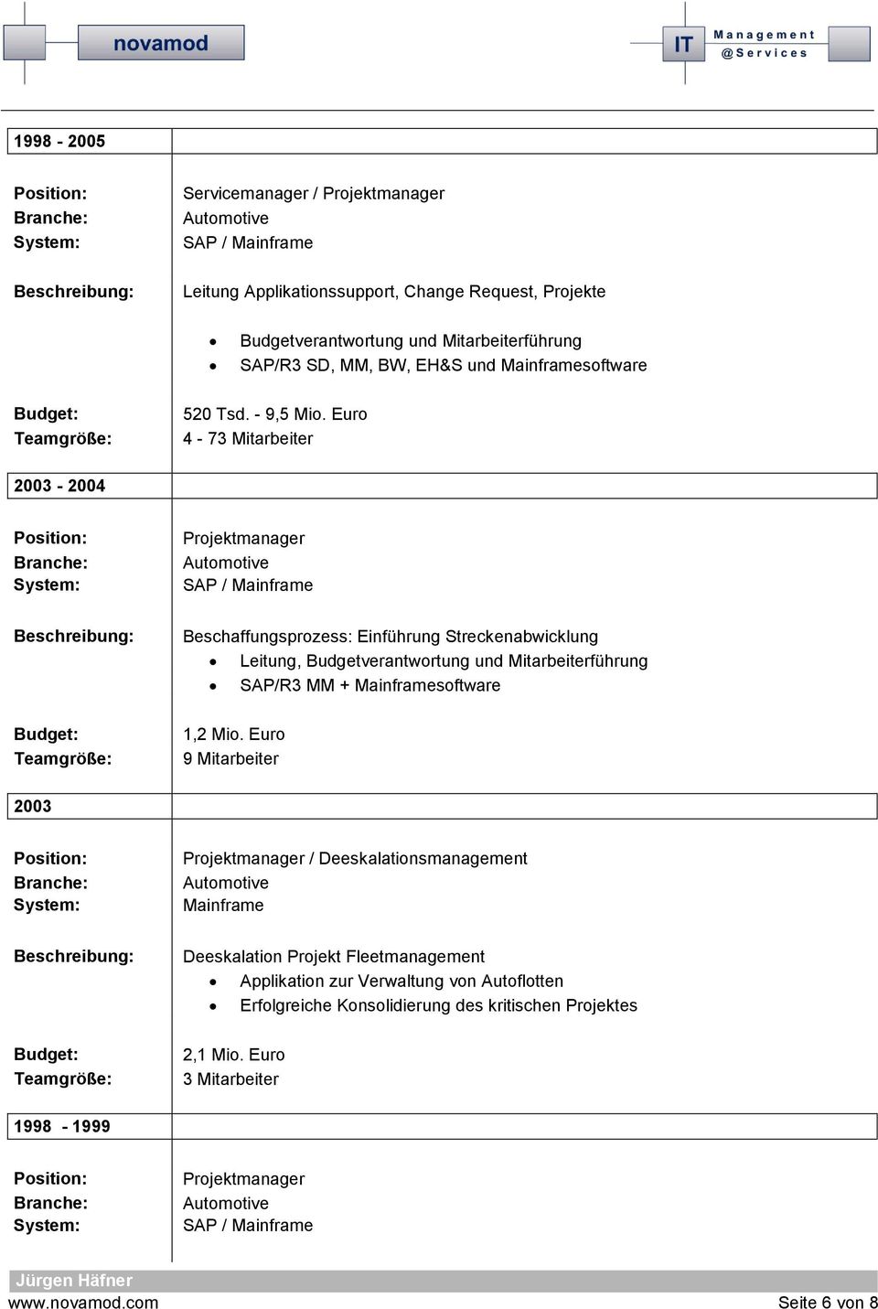 Euro 4-73 Mitarbeiter 2003-2004 Projektmanager SAP / Beschaffungsprozess: Einführung Streckenabwicklung Leitung, Budgetverantwortung und Mitarbeiterführung SAP/R3 MM +