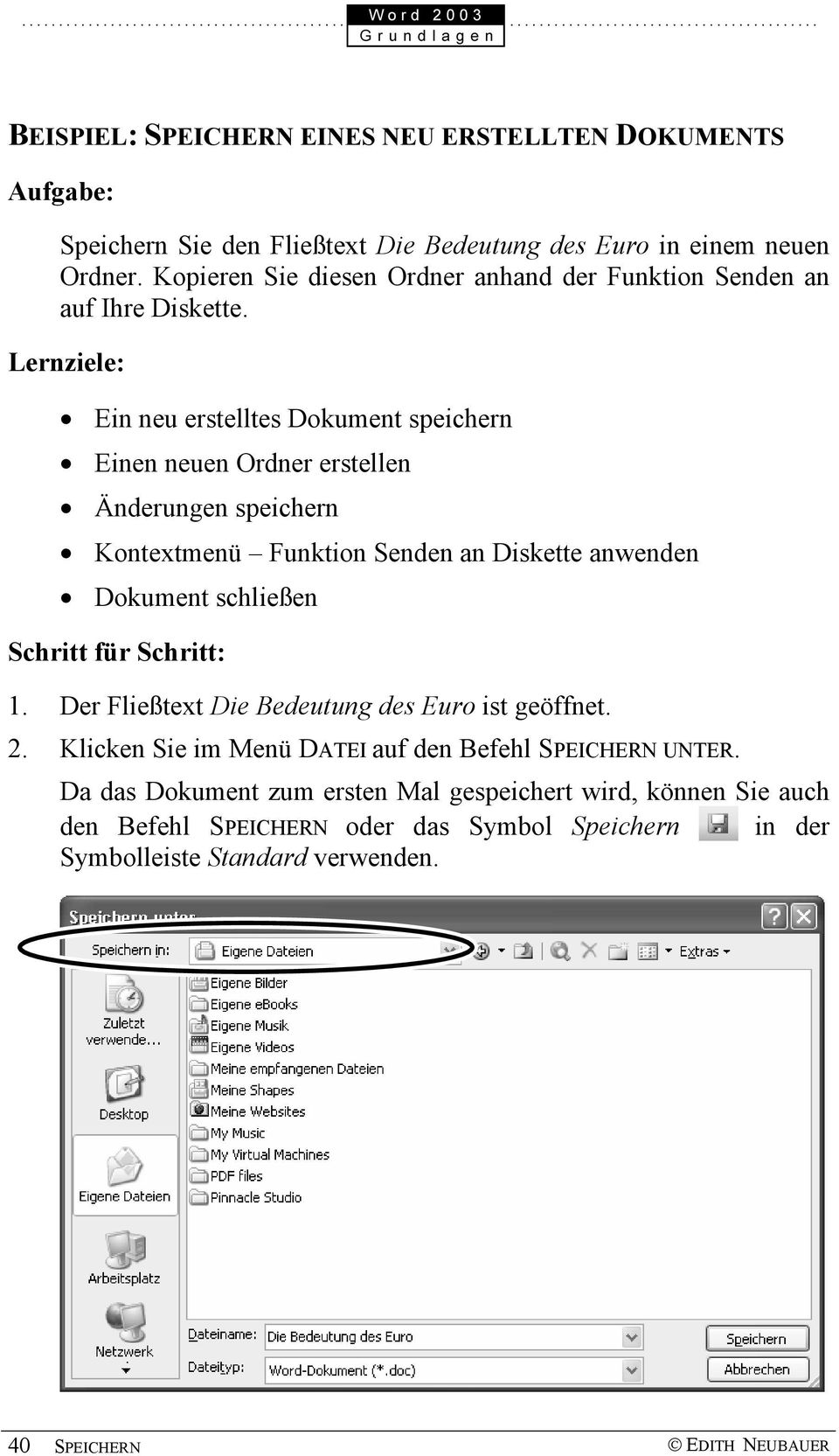 Lernziele: Ein neu erstelltes Dokument speichern Einen neuen Ordner erstellen Änderungen speichern Kontextmenü Funktion Senden an Diskette anwenden Dokument schließen