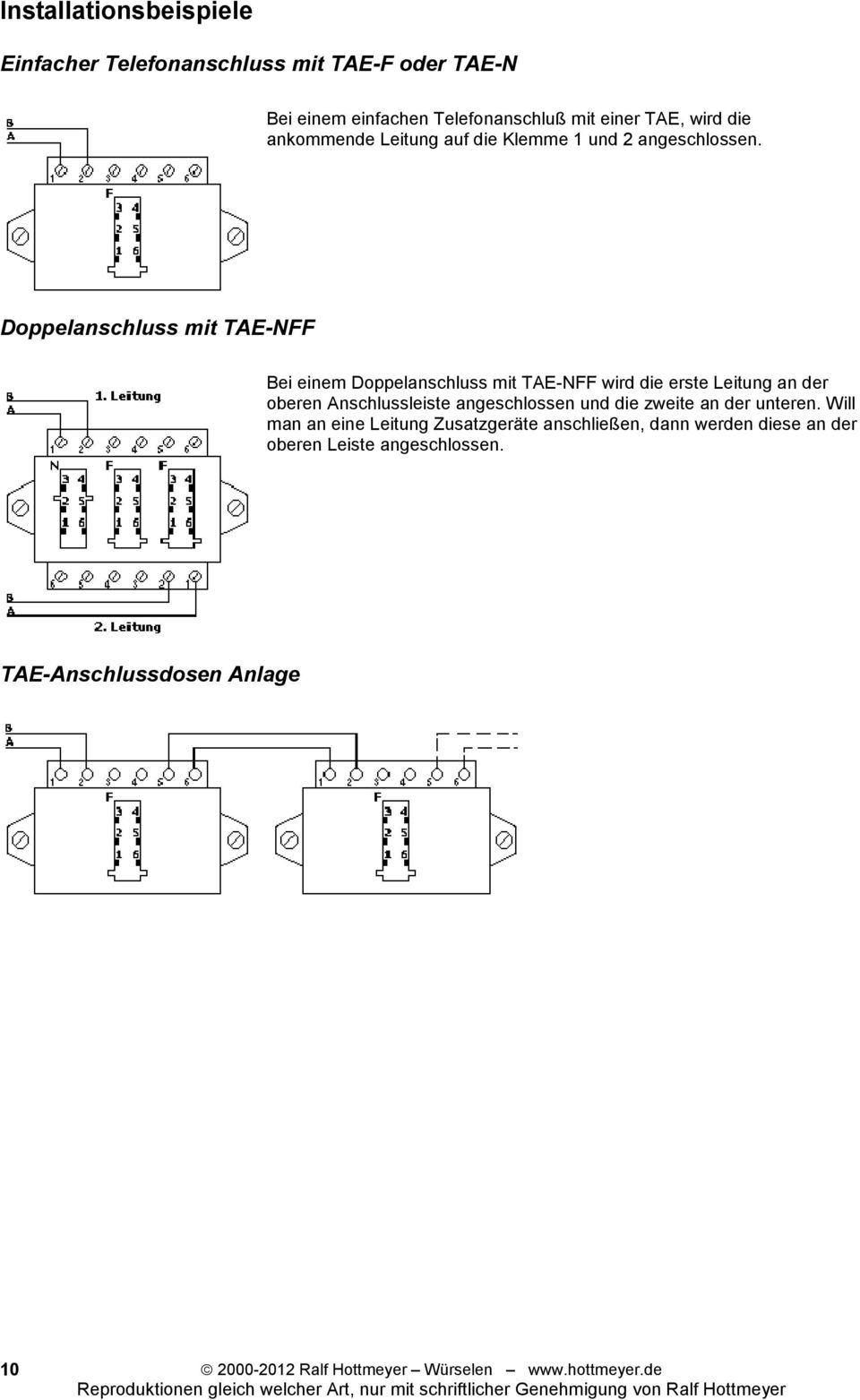 Doppelanschluss mit TAE-NFF Bei einem Doppelanschluss mit TAE-NFF wird die erste Leitung an der oberen Anschlussleiste
