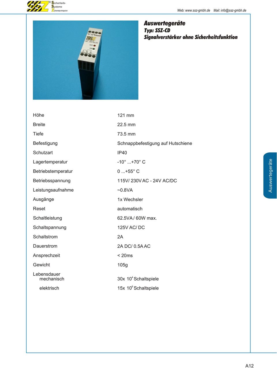 mechanisch elektrisch 121 mm 22.5 mm 73.5 mm Schnappbefestigung auf Hutschiene IP40-10...+70 C 0.