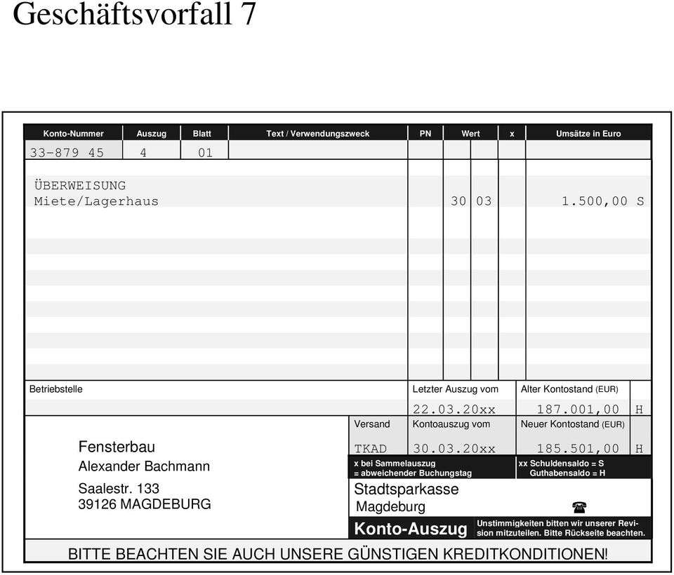 001,00 H Versand Kontoauszug vom Neuer Kontostand (EUR) Fensterbau TKAD 30.03.20xx 185.