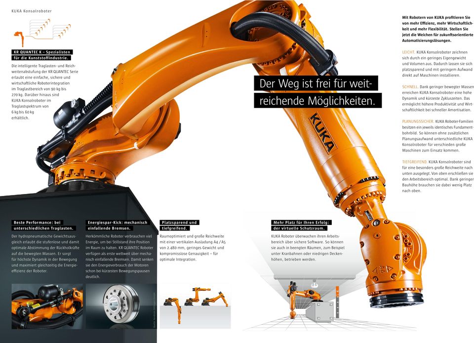 Die intelligente Traglasten- und Reichweitenabstufung der KR QUANTEC Serie erlaubt eine einfache, sichere und wirtschaftliche Roboterintegration im Traglastbereich von 90 kg bis 270 kg.