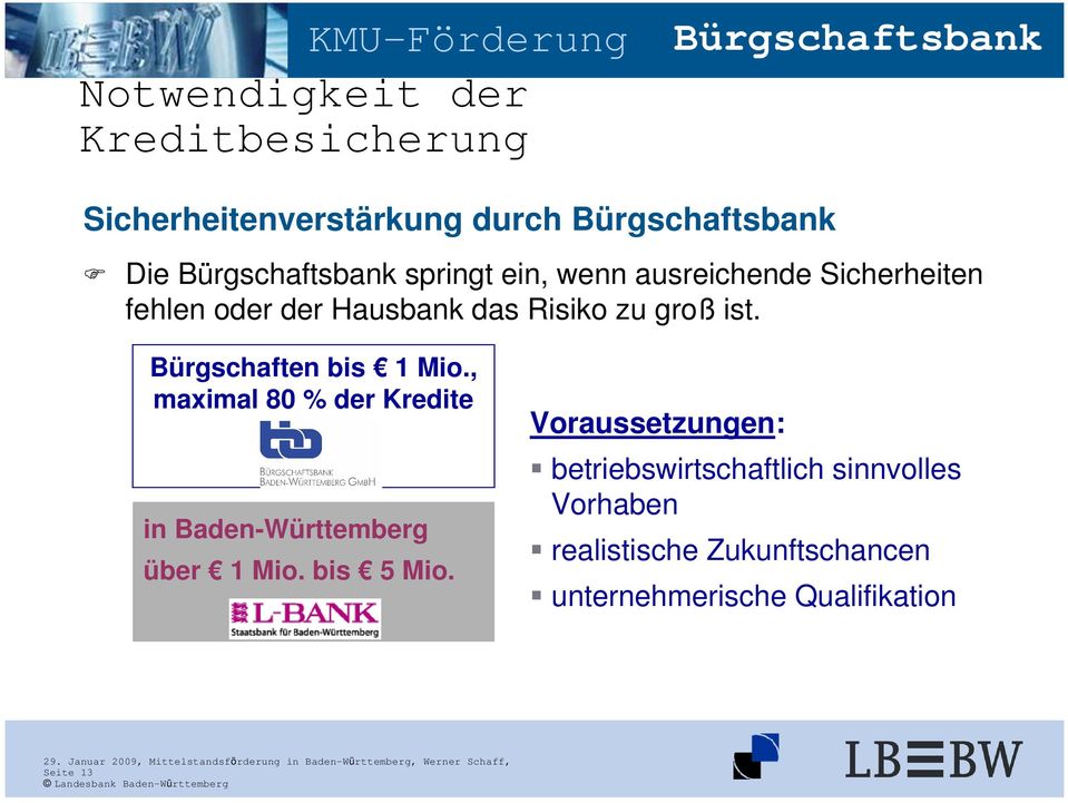 Bürgschaften bis 1 Mio., maximal 80 % der Kredite in Baden-Württemberg über 1 Mio. bis 5 Mio.