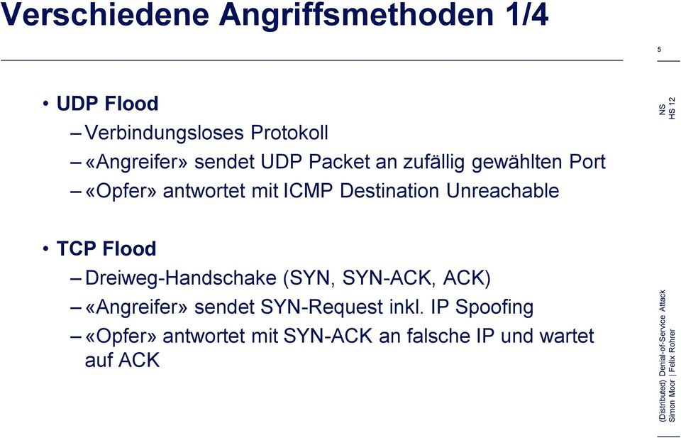 Unreachable TCP Flood Dreiweg-Handschake (SYN, SYN-ACK, ACK) «Angreifer» sendet