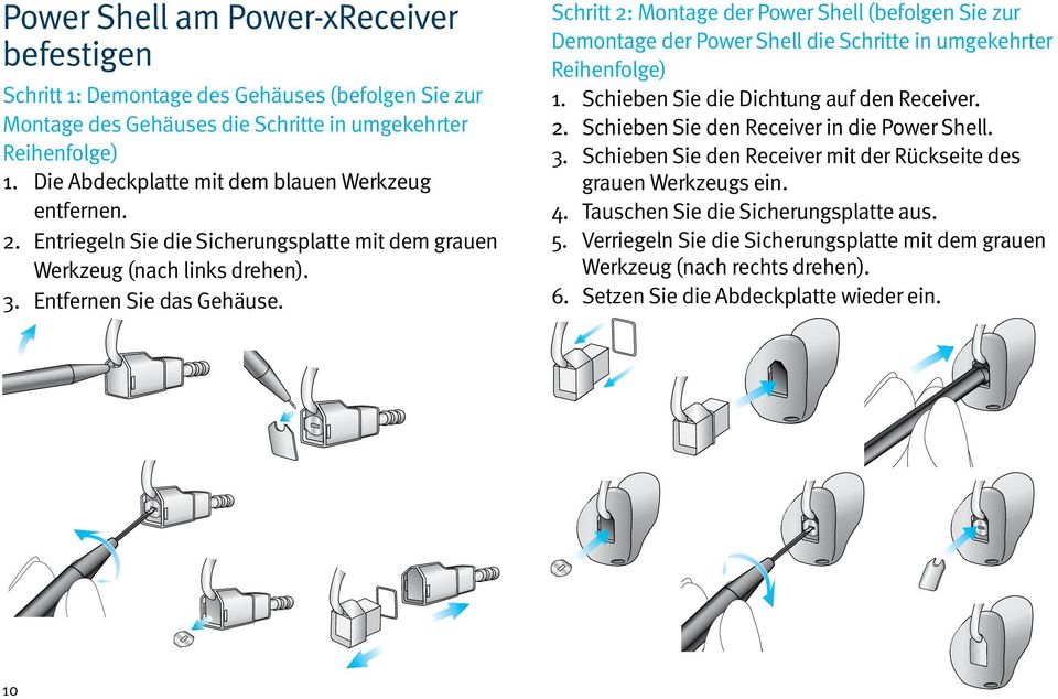 Schritt 2: Montage der Power Shell (befolgen Sie zur Demontage der Power Shell die Schritte in umgekehrter Reihenfolge) 1. Schieben Sie die Dichtung auf den Receiver. 2. Schieben Sie den Receiver in die Power Shell.