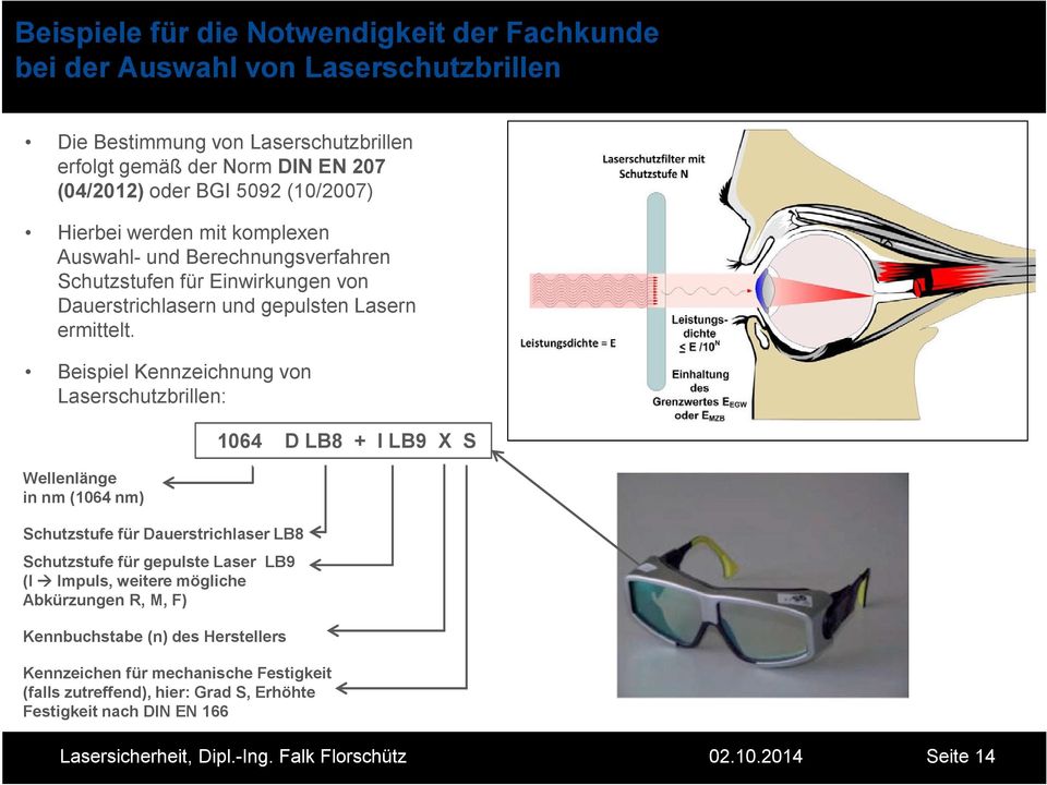 Beispiel Kennzeichnung von Laserschutzbrillen: Wellenlänge in nm (1064 nm) Schutzstufe für Dauerstrichlaser LB8 Schutzstufe für gepulste Laser LB9 (I Impuls, weitere mögliche