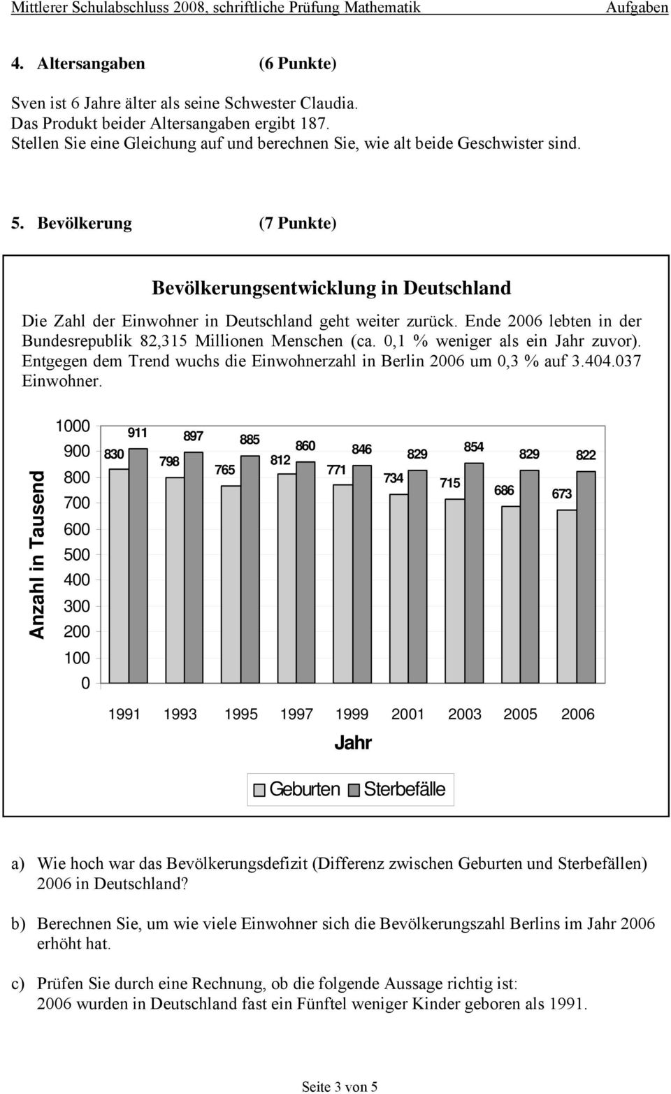Bevölkerung (7 Punkte) Bevölkerungsentwicklung in Deutschland Die Zahl der Einwohner in Deutschland geht weiter zurück. Ende 2006 lebten in der Bundesrepublik 82,315 Millionen Menschen (ca.