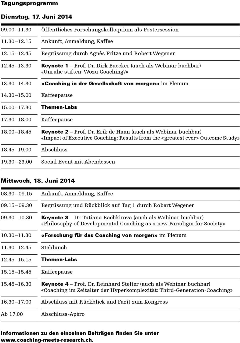 30 «Coaching in der Gesellschaft von morgen» im Plenum 14.30 15.00 Kaffeepause 15.00 17.30 Themen-Labs 17.30 18.00 Kaffeepause 18.00 18.45 Keynote 2 Prof. Dr.