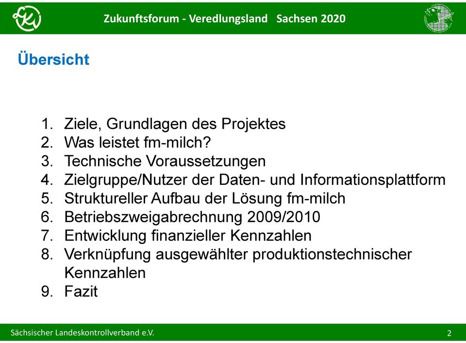 Struktureller Aufbau der Lösung fm-milch 6. Betriebszweigabrechnung 2009/2010 7.