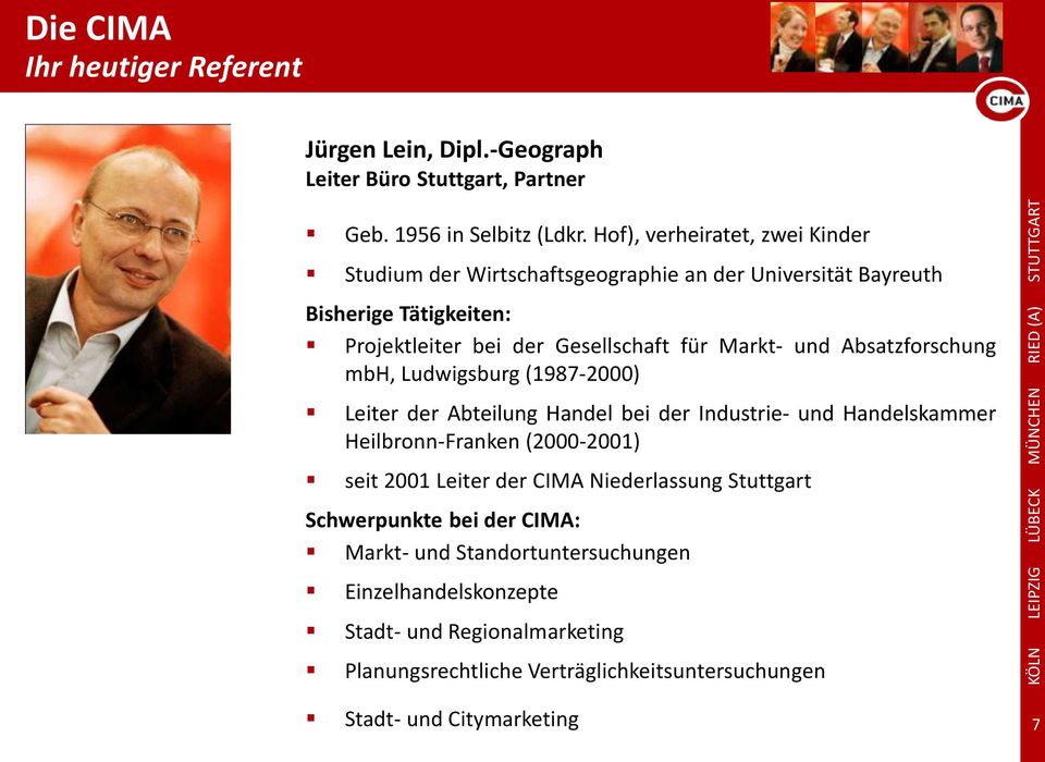 Absatzforschung mbh, Ludwigsburg (1987-2000) Leiter der Abteilung Handel bei der Industrie- und Handelskammer Heilbronn-Franken (2000-2001) seit 2001 Leiter der CIMA