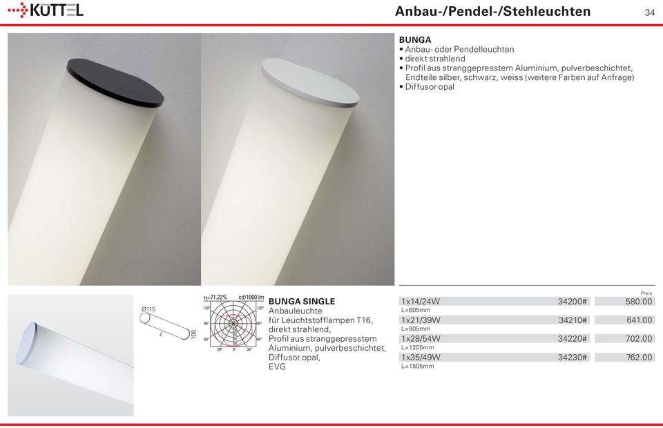 22% 1 150 20 60 BUNGA SINGE für euchtstofflampen T16, Profil aus stranggepresstem Aluminium,