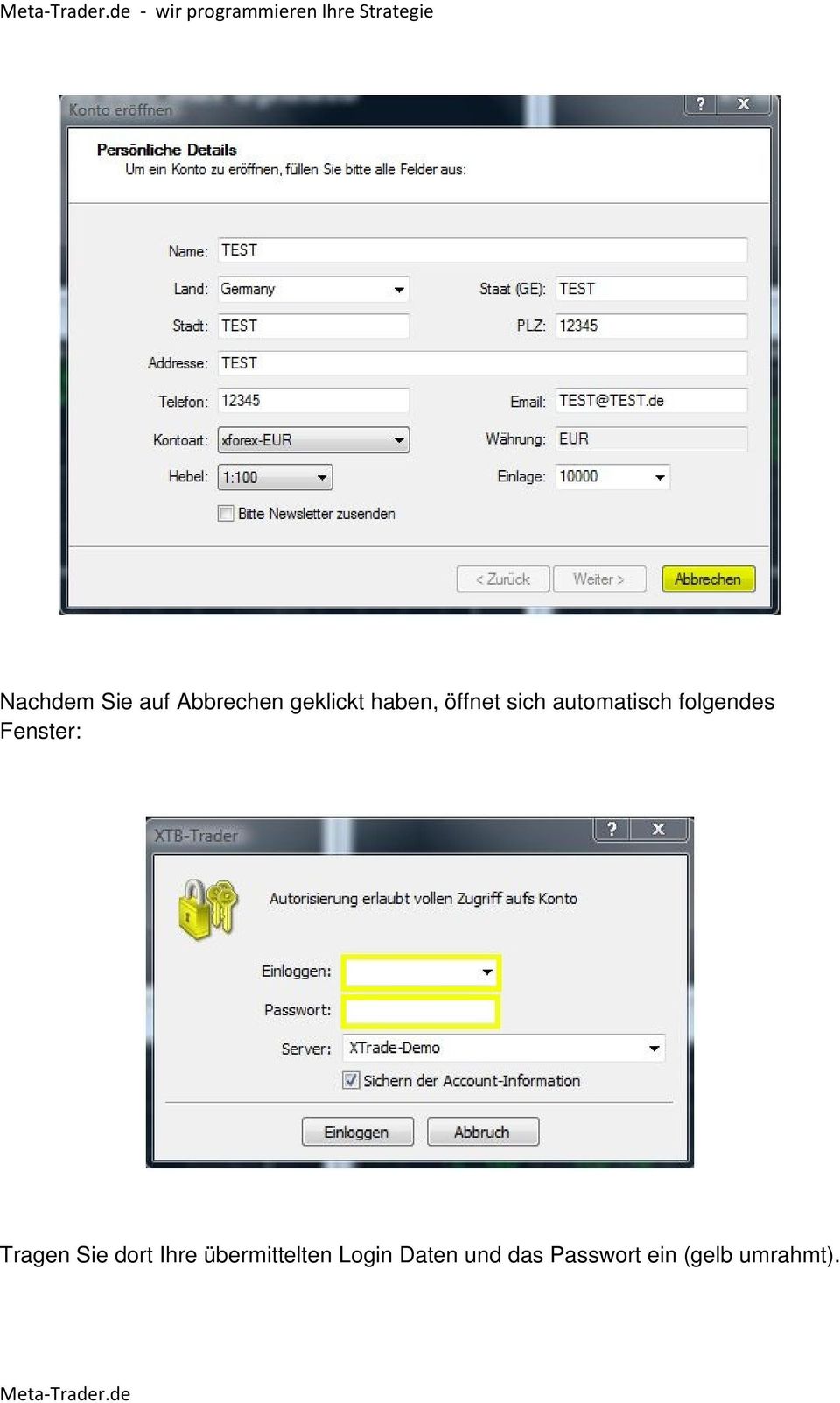 folgendes Fenster: Tragen Sie dort Ihre