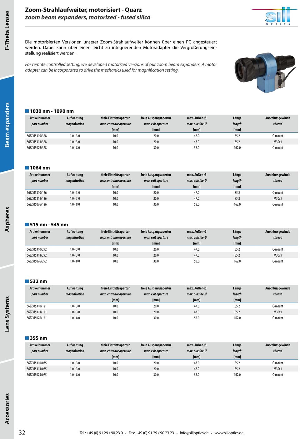 A motor adapter can be incorporated to drive the mechanics used for magnification setting. Beam expanders 030 nm - 090 nm Anschlussgewinde thread S6EZM530/328.0-3.0 0.0 20.0 47.0 85.