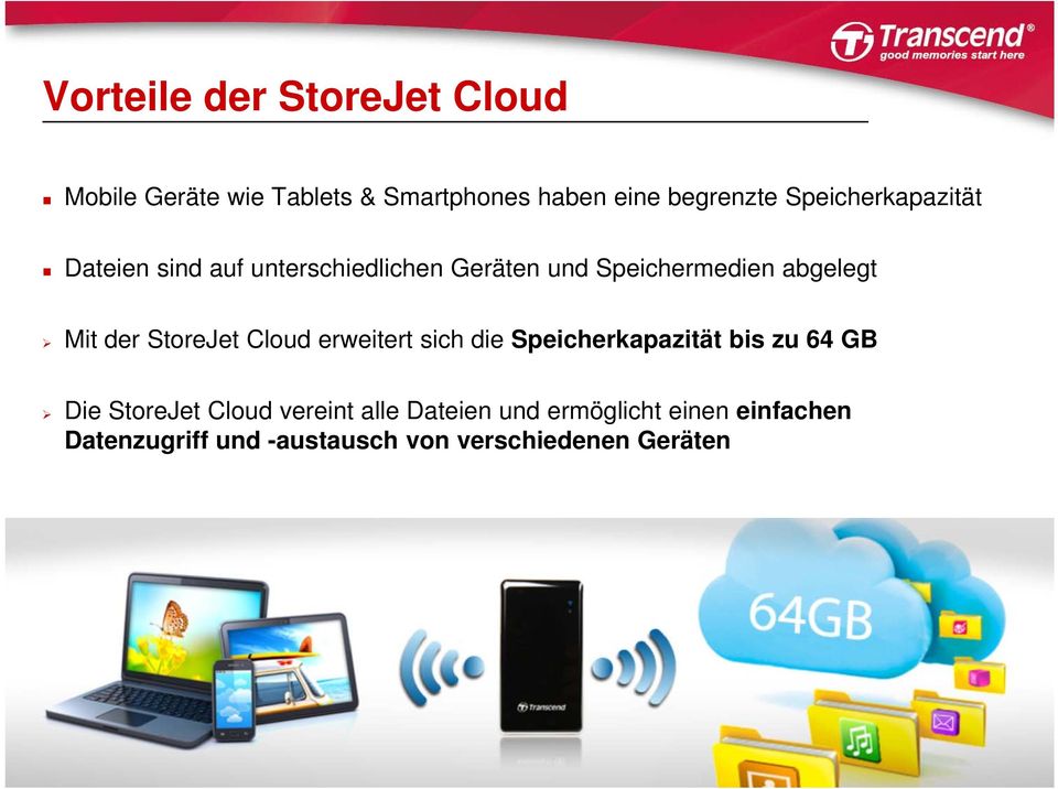 der StoreJet Cloud erweitert sich die Speicherkapazität bis zu 64 GB Die StoreJet Cloud