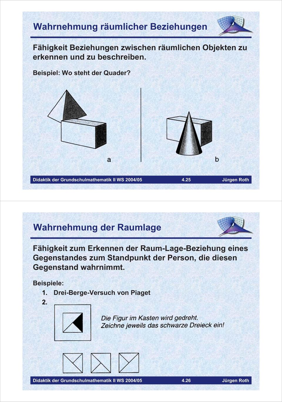 25 Jürgen Roth Wahrnehmung der Raumlage Fähigkeit zum Erkennen der Raum-Lage-Beziehung eines Gegenstandes zum