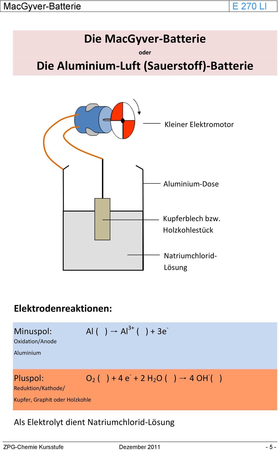 Holzkohlestück Natriumchlorid- Lösung Elektrodenreaktionen: Minuspol: Al ( ) Al 3+ ( ) + 3e -