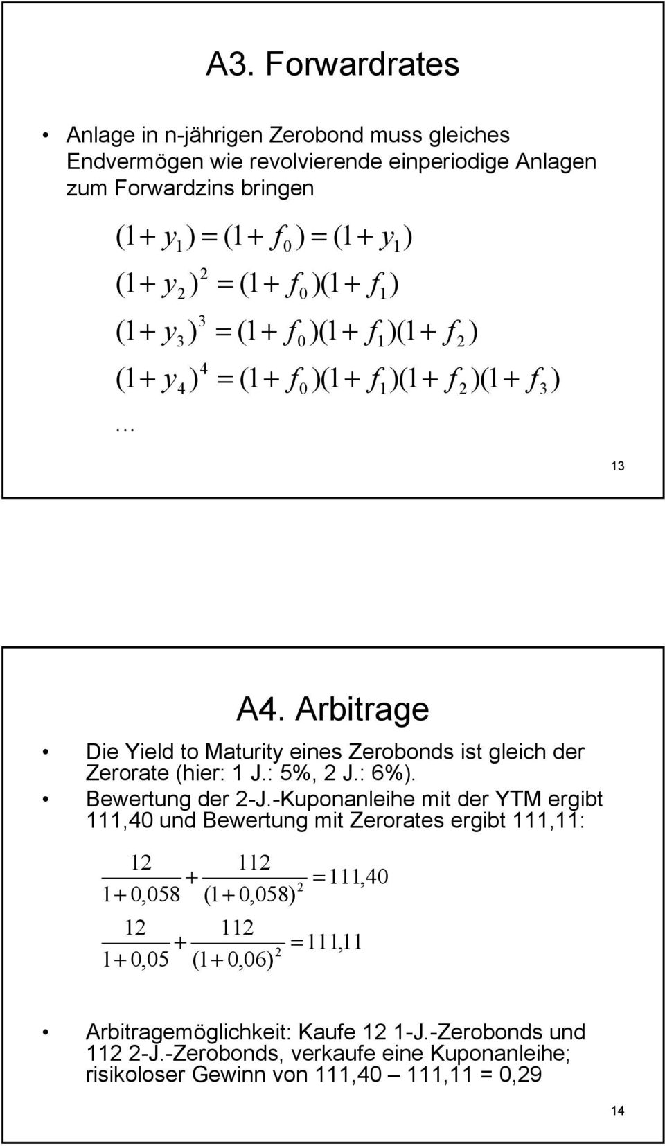 Arbitrage Die Yield to Maturity eies Zerobods ist gleich der Zerorate (hier: J.: 5%, J.: 6%. Bewertug der -J.