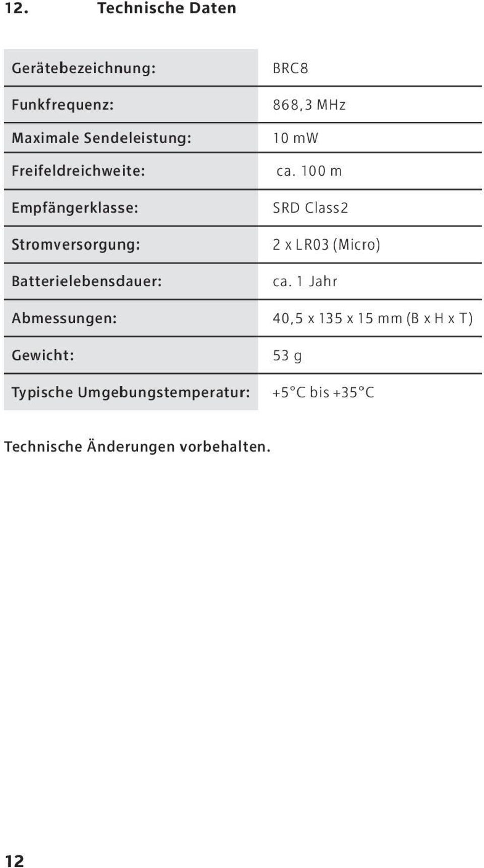 100 m Empfängerklasse: SRD Class2 Stromversorgung: 2 x LR03 (Micro) Batterielebensdauer: