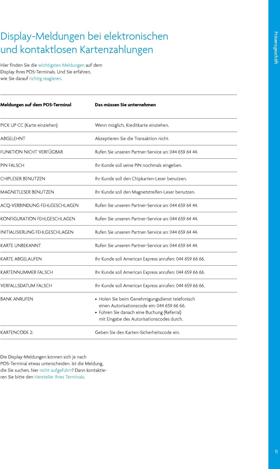 FUNKTION NICHT VERFÜGBAR Rufen Sie unseren Partner-Service an: 044 659 64 44. PIN FALSCH CHIPLESER BENUTZEN MAGNETLESER BENUTZEN Ihr Kunde soll seine PIN nochmals eingeben.