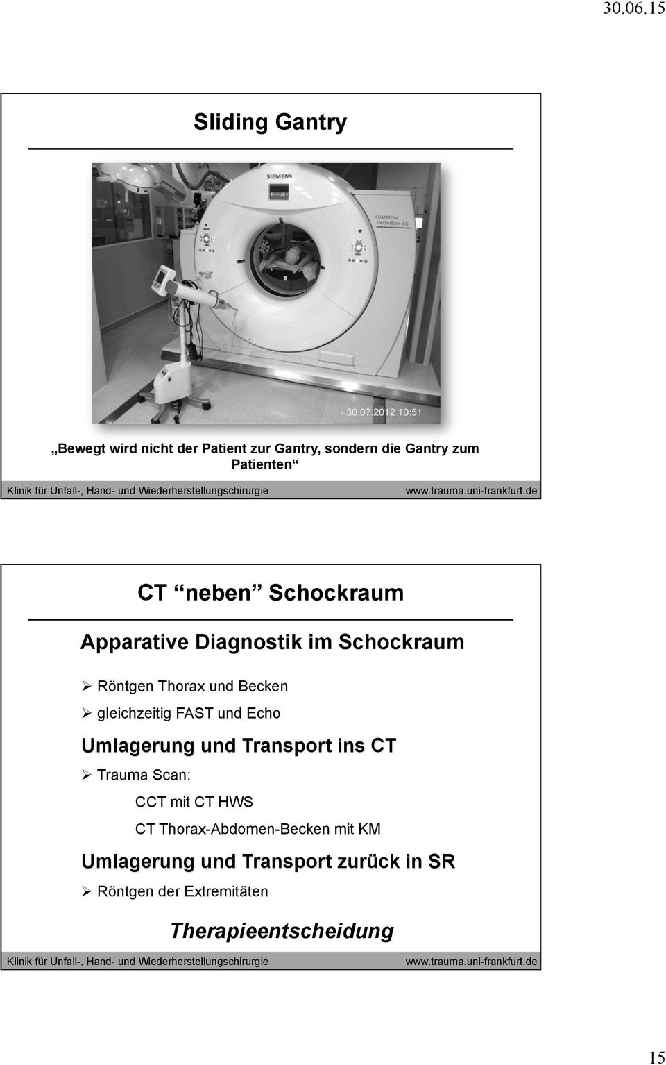 FAST und Echo Umlagerung und Transport ins CT Ø Trauma Scan: CCT mit CT HWS CT