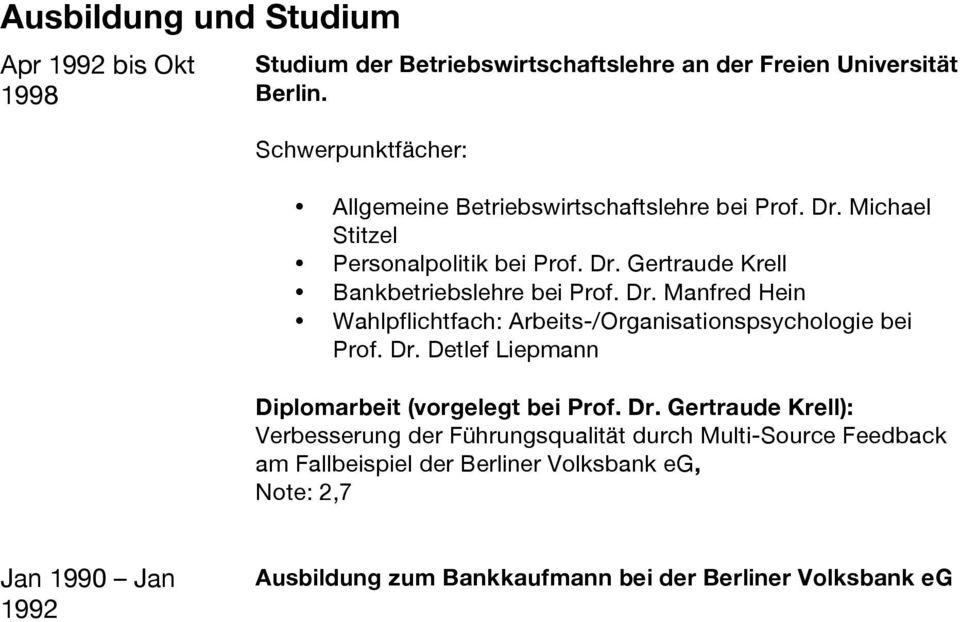 Dr. Manfred Hein Wahlpflichtfach: Arbeits-/Organisationspsychologie bei Prof. Dr.