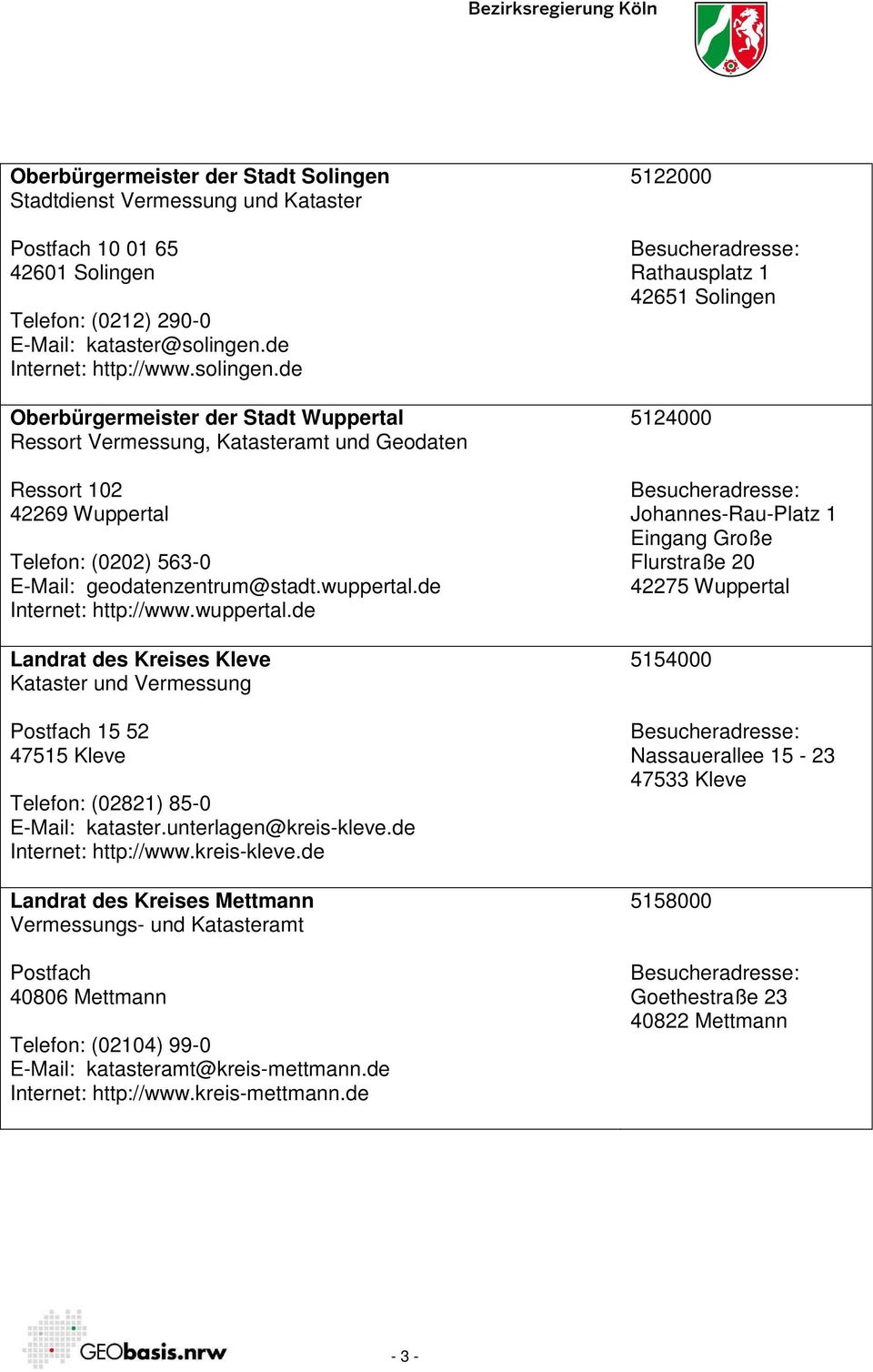 wuppertal.de Internet: http://www.wuppertal.de Landrat des Kreises Kleve Kataster und Vermessung 15 52 47515 Kleve Telefon: (02821) 85-0 E-Mail: kataster.unterlagen@kreis-kleve.