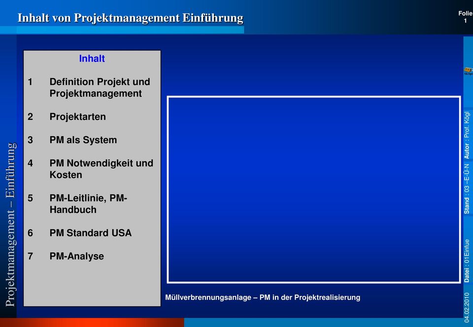 4 PM Notwendigkeit und Kosten 5 PM-Leitlinie, PM- Handbuch 6 PM