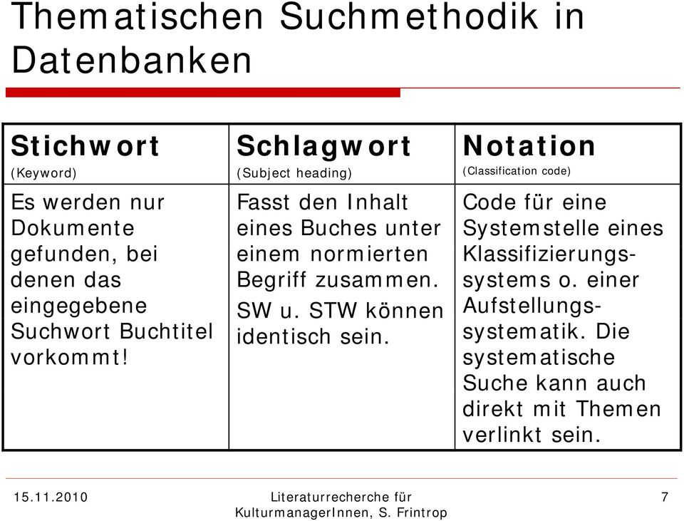 Fasst den Inhalt eines Buches unter einem normierten Begriff zusammen. SW u. STW können identisch sein.