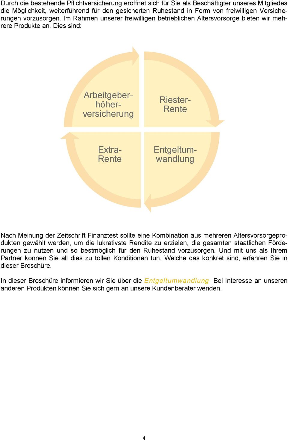 Dies sind: Entgeltumwandlung Arbeitgeberhöherversicherung Riester- Rente Extra- Rente Nach Meinung der Zeitschrift Finanztest sollte eine Kombination aus mehreren Altersvorsorgeprodukten gewählt