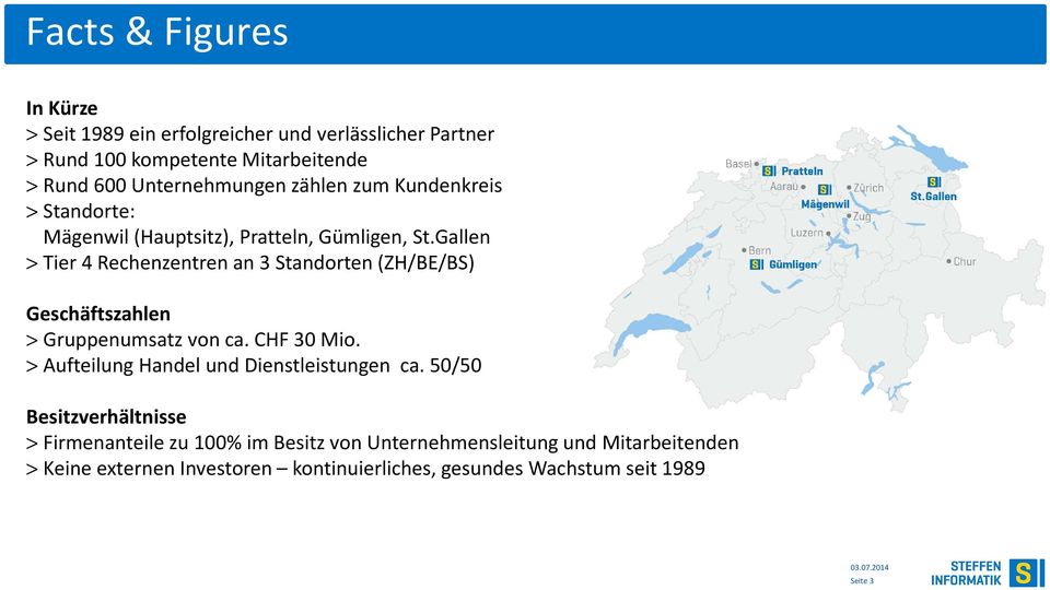 Gallen > Tier 4 Rechenzentren an 3 Standorten (ZH/BE/BS) Geschäftszahlen > Gruppenumsatz von ca. CHF 30 Mio.