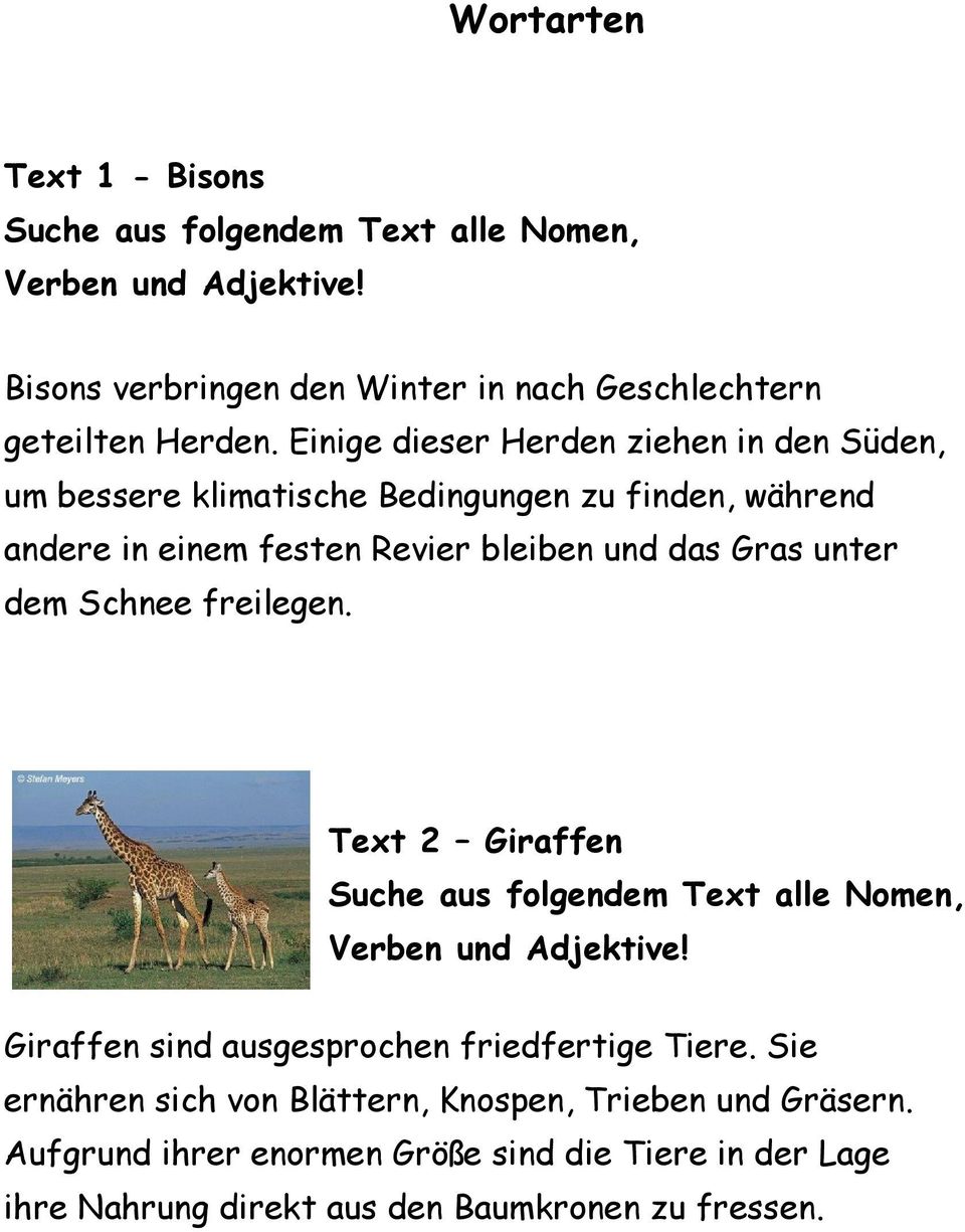 dem Schnee freilegen. Text 2 Giraffen Suche aus folgendem Text alle Nomen, Verben und Adjektive! Giraffen sind ausgesprochen friedfertige Tiere.