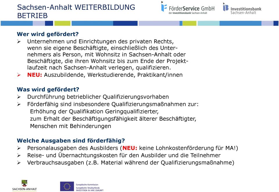 zum Ende der Projektlaufzeit nach Sachsen-Anhalt verlegen, qualifizieren. NEU: Auszubildende, Werkstudierende, Praktikant/innen Was wird gefördert?