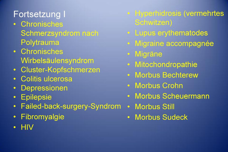 Fibromyalgie HIV Hyperhidrosis (vermehrtes Schwitzen) Lupus erythematodes Migraine