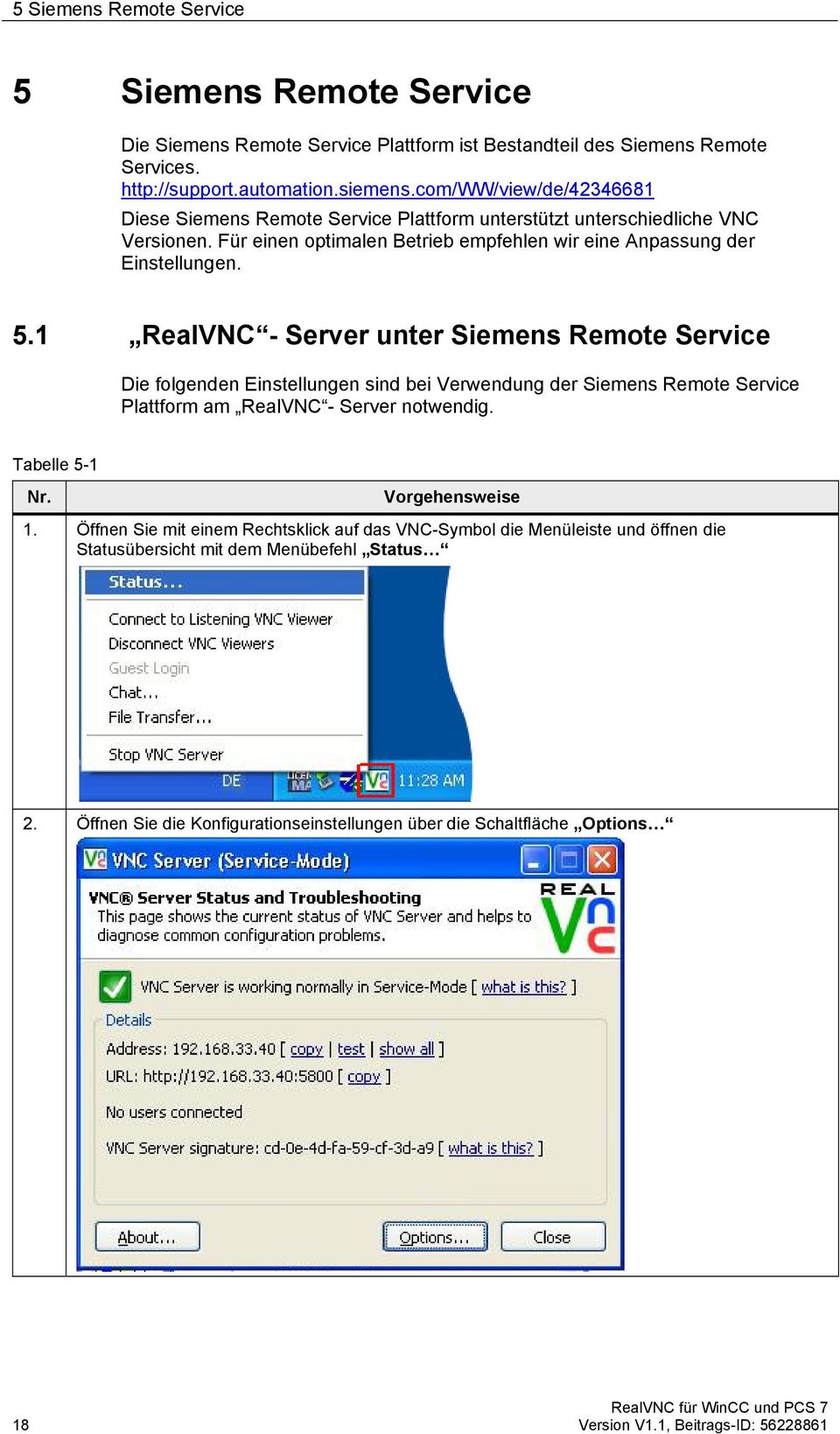 1 RealVNC - Server unter Siemens Remote Service Die folgenden Einstellungen sind bei Verwendung der Siemens Remote Service Plattform am RealVNC - Server notwendig. Tabelle 5-1 1.