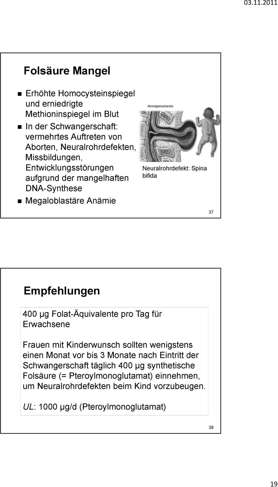 Empfehlungen 400 µg Folat-Äquivalente pro Tag für Erwachsene Frauen mit Kinderwunsch sollten wenigstens einen Monat vor bis 3 Monate nach Eintritt der