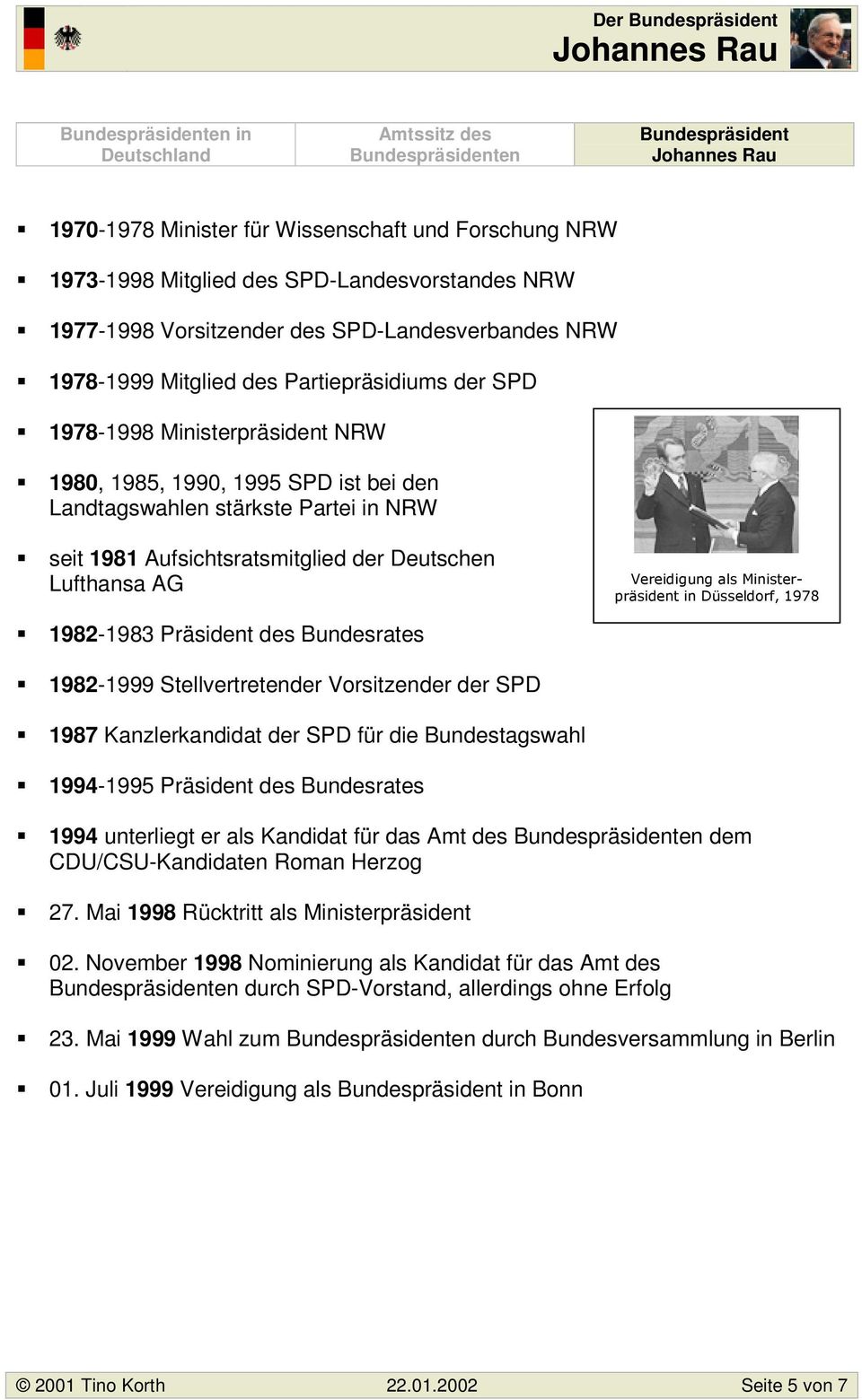 */ 1982-1983 Präsident des Bundesrates 1982-1999 Stellvertretender Vorsitzender der SPD 1987 Kanzlerkandidat der SPD für die Bundestagswahl 1994-1995 Präsident des Bundesrates 1994 unterliegt er als