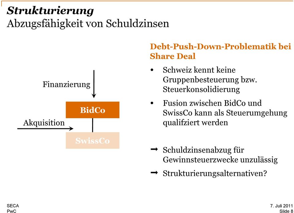 Steuerkonsolidierung Akquisition BidCo SwissCo Fusion zwischen BidCo und SwissCo kann als