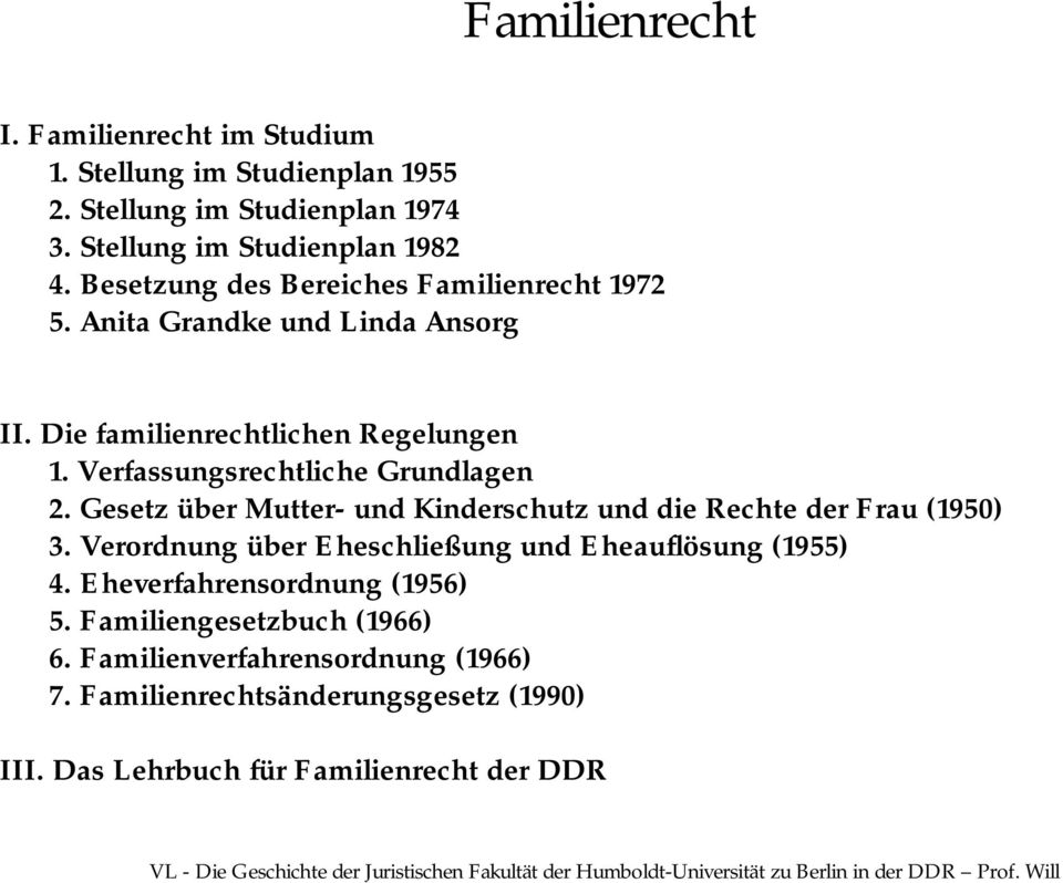 Verfassungsrechtliche Grundlagen 2. Gesetz über Mutter- und Kinderschutz und die Rechte der Frau (1950) 3.