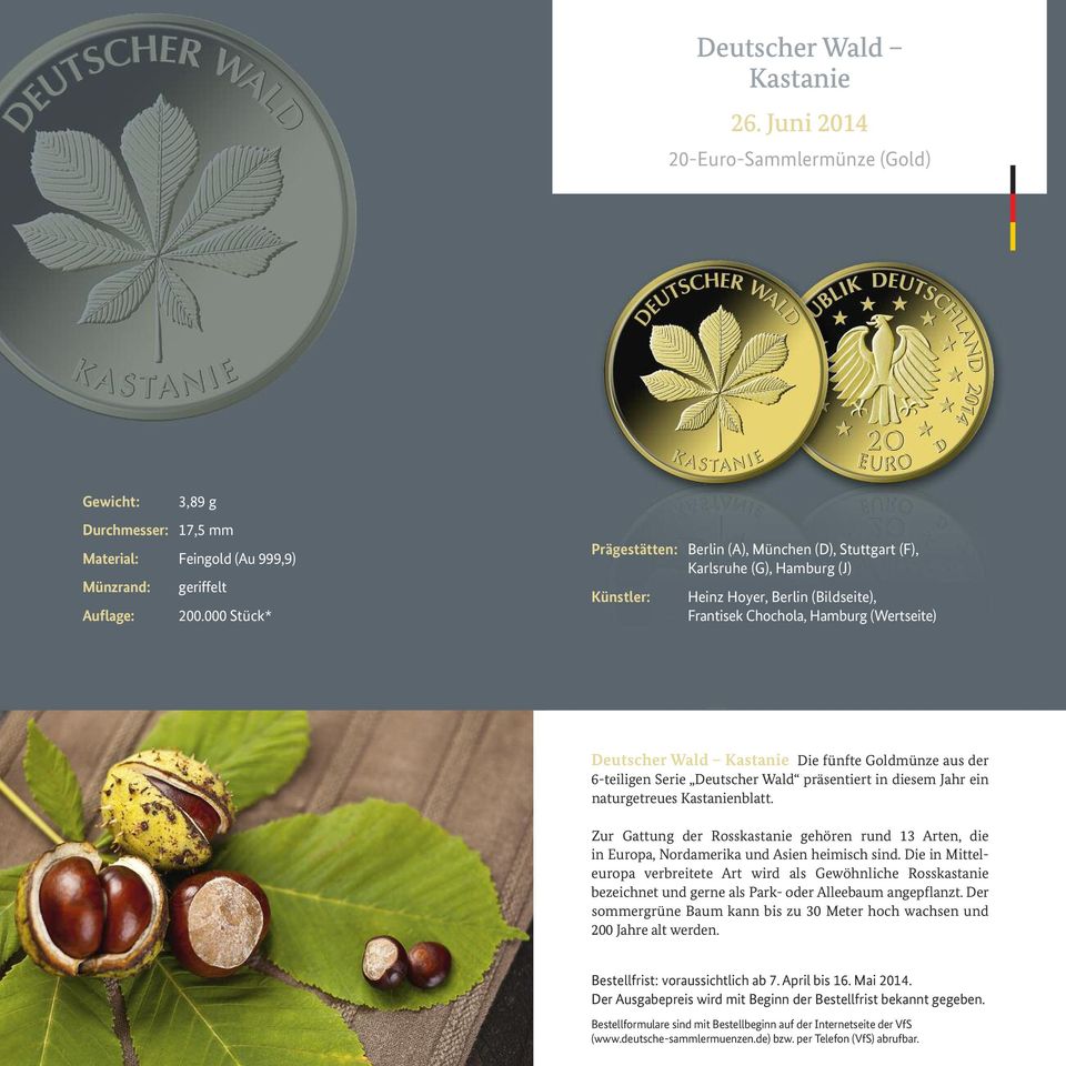 Goldmünze aus der 6-teiligen Serie Deutscher Wald präsentiert in diesem Jahr ein naturgetreues Kastanienblatt.
