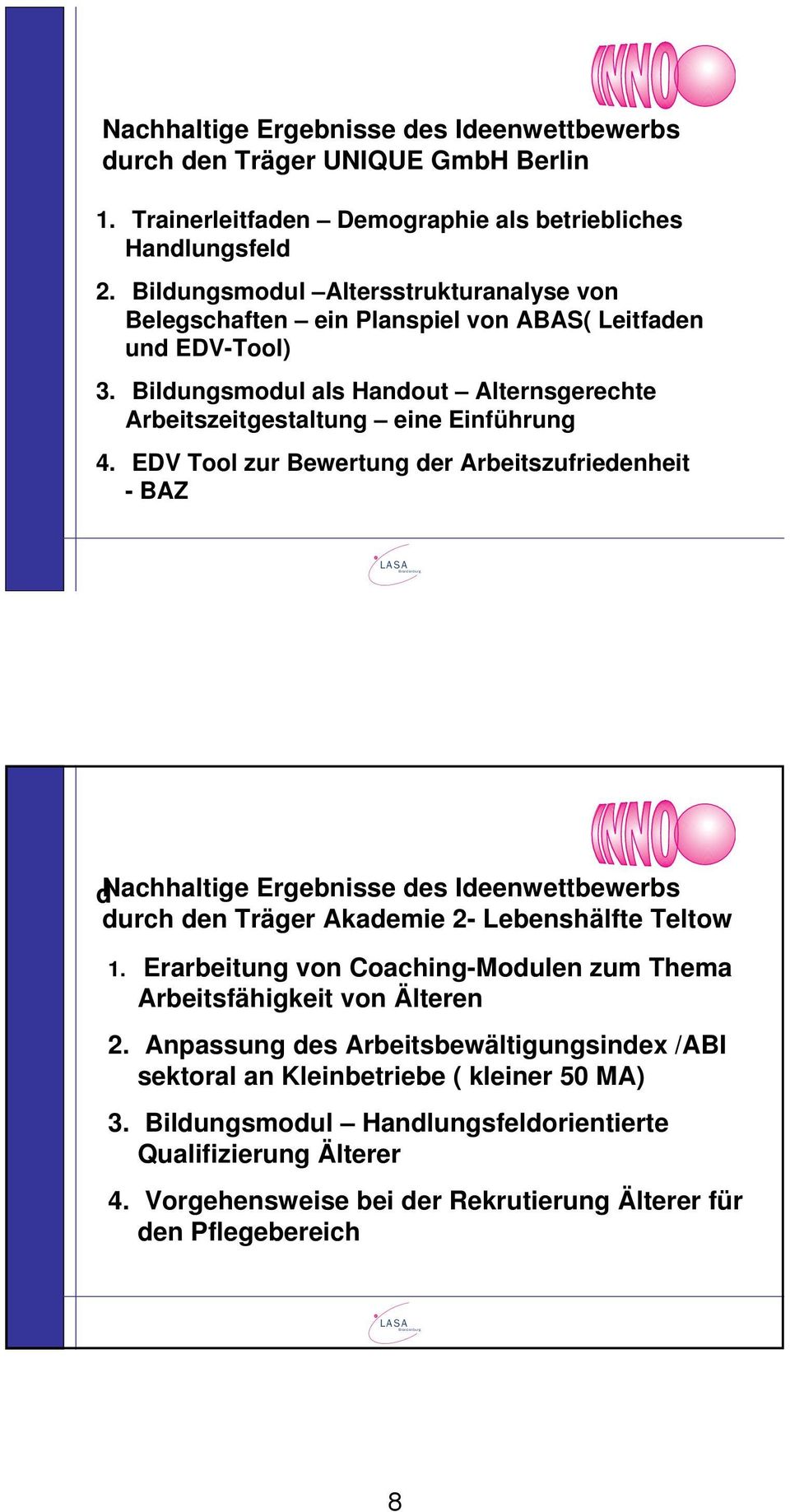 EDV Tool zur Bewertung der Arbeitszufriedenheit -BAZ LASA Brandenburg dnachhaltige Ergebnisse des Ideenwettbewerbs durch den Träger Akademie 2- Lebenshälfte Teltow 1.