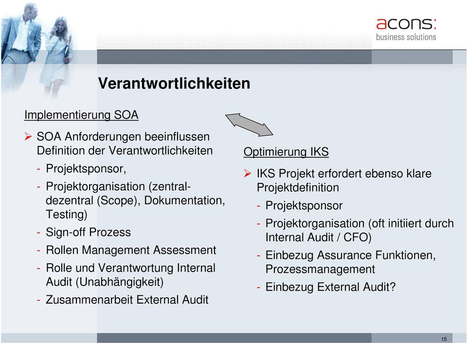 Verantwortung Internal Audit (Unabhängigkeit) - Zusammenarbeit External Audit Optimierung IKS IKS Projekt erfordert ebenso klare