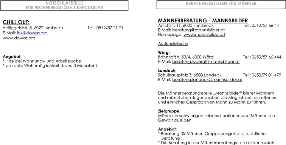 11, 6020 Innsbruck Tel.: 0512/57 66 44 E-Mail: beratung@mannsbilder.at Homepage: www.mannsbilder.at Außenstellen in Wörgl: Bahnhofstr. 53/4, 6300 Wörgl Tel.: 0650/57 66 444 E-Mail: beratung.