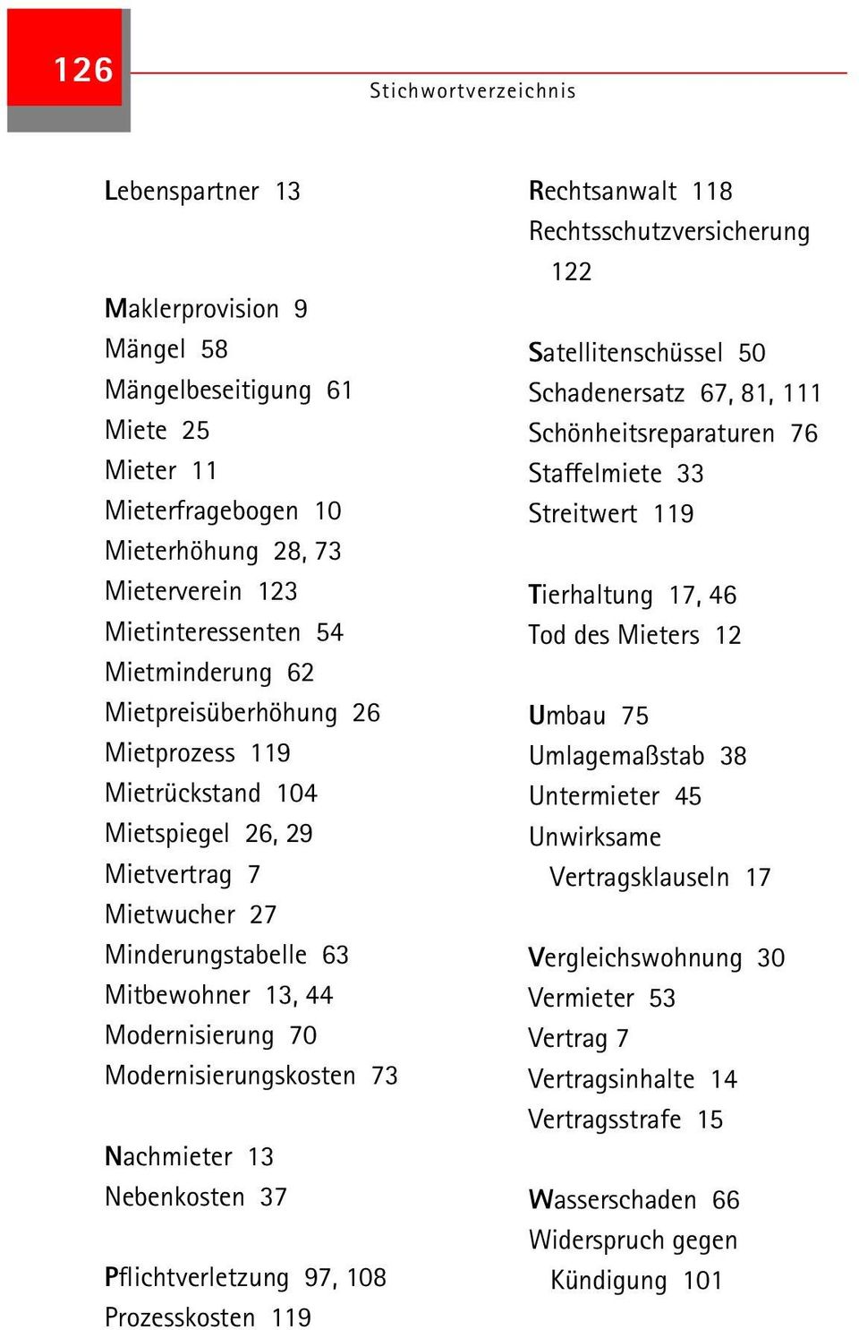 Modernisierungskosten 73 Nachmieter 13 Nebenkosten 37 Pflichtverletzung 97, 108 Prozesskosten 119 Rechtsanwalt 118 Rechtsschutzversicherung 122 Satellitenschüssel 50 Schadenersatz 67, 81, 111