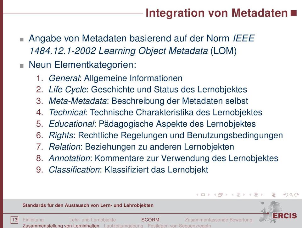 Technical: Technische Charakteristika des Lernobjektes 5. Educational: Pädagogische Aspekte des Lernobjektes 6.