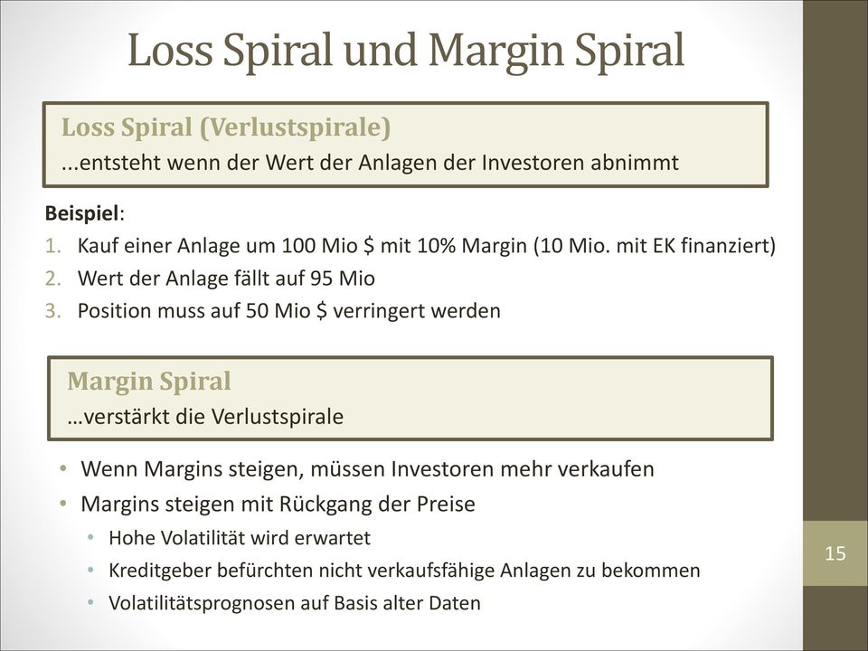Position muss auf 50 Mio $ verringert werden Margin Spiral verstärkt die Verlustspirale Wenn Margins steigen, müssen Investoren mehr verkaufen