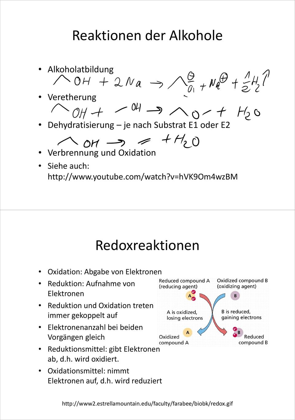 v=hvk9om4wzbm Redoxreaktionen Oxidation: Abgabe von Elektronen Reduktion: Aufnahme von Elektronen Reduktion und Oxidation treten immer