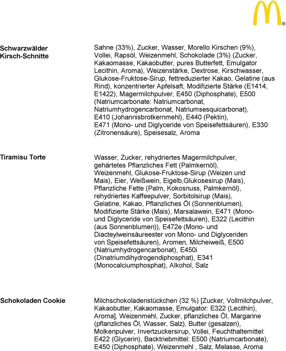 (Diphosphate), E500 (Natriumcarbonate: Natriumcarbonat, Natriumhydrogencarbonat, Natriumsesquicarbonat), E410 (Johannisbrotkernmehl), E440 (Pektin), E471 (Mono- und Diglyceride von Speisefettsäuren),