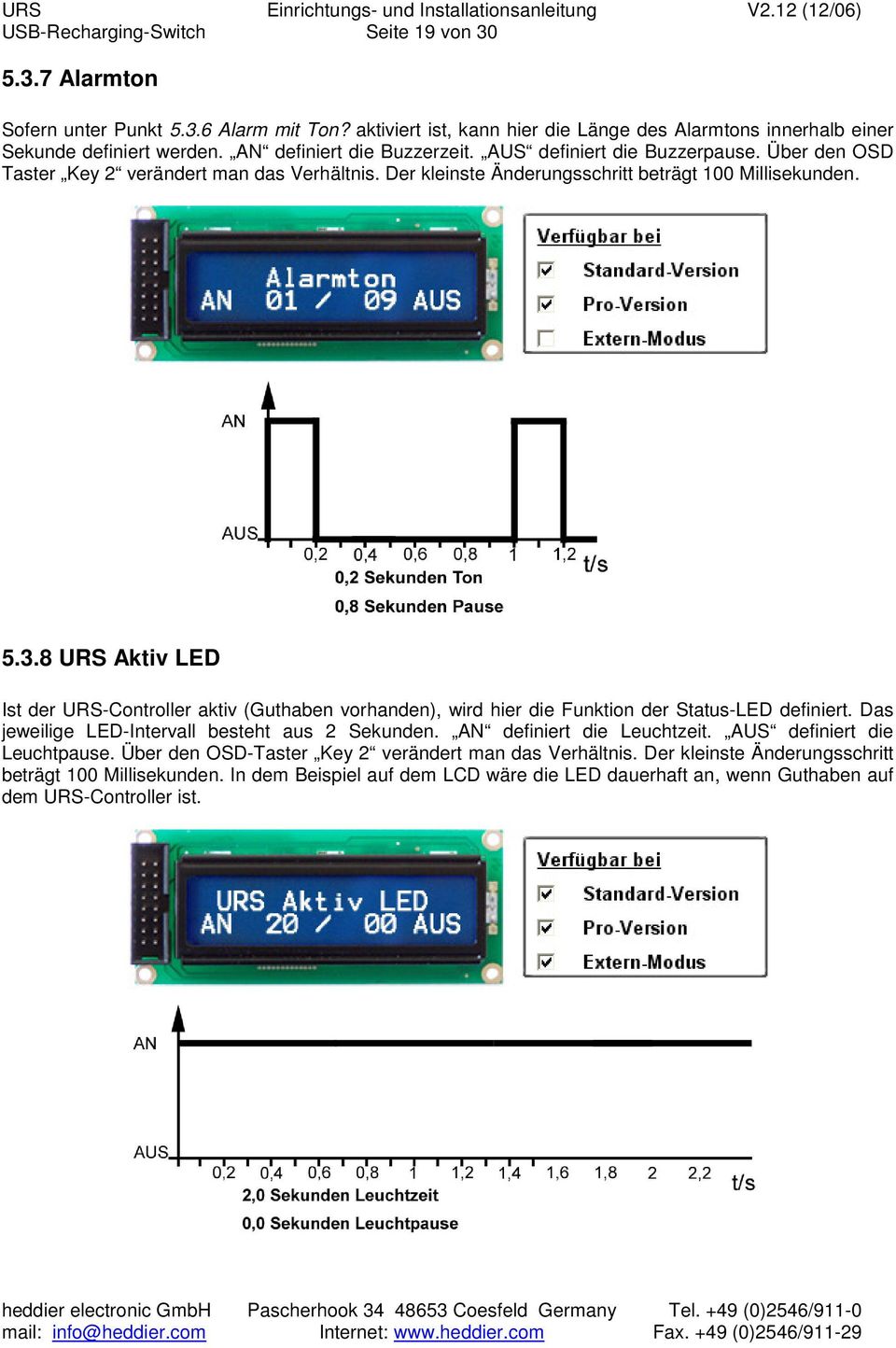 8 URS Aktiv LED Ist der URS-Controller aktiv (Guthaben vorhanden), wird hier die Funktion der Status-LED definiert. Das jeweilige LED-Intervall besteht aus 2 Sekunden. AN definiert die Leuchtzeit.