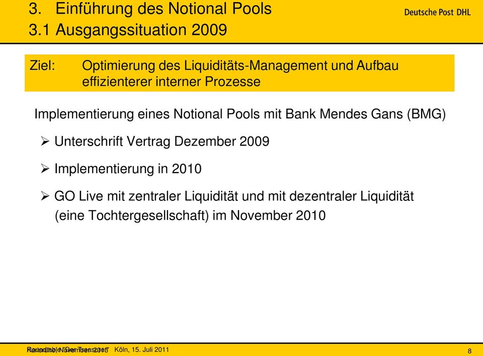 Implementierung eines Notional Pools mit Bank Mendes Gans (BMG) Unterschrift Vertrag Dezember 2009